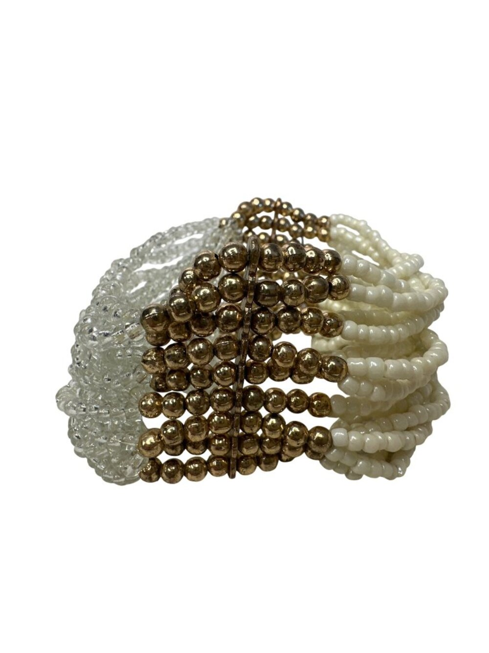 Multistrand Seed Beaded Bracelet Gold Clear White Beads Stretchable Boho Chunky
